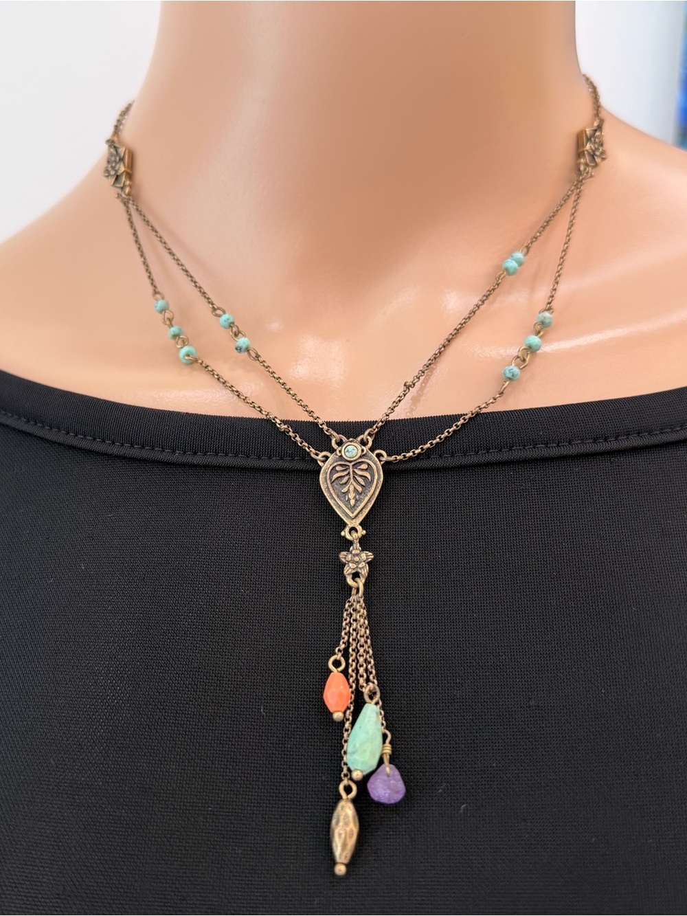 Romantic, Lucky Brand Layered Charm Necklace, Stone Accents, Southwest/Boho